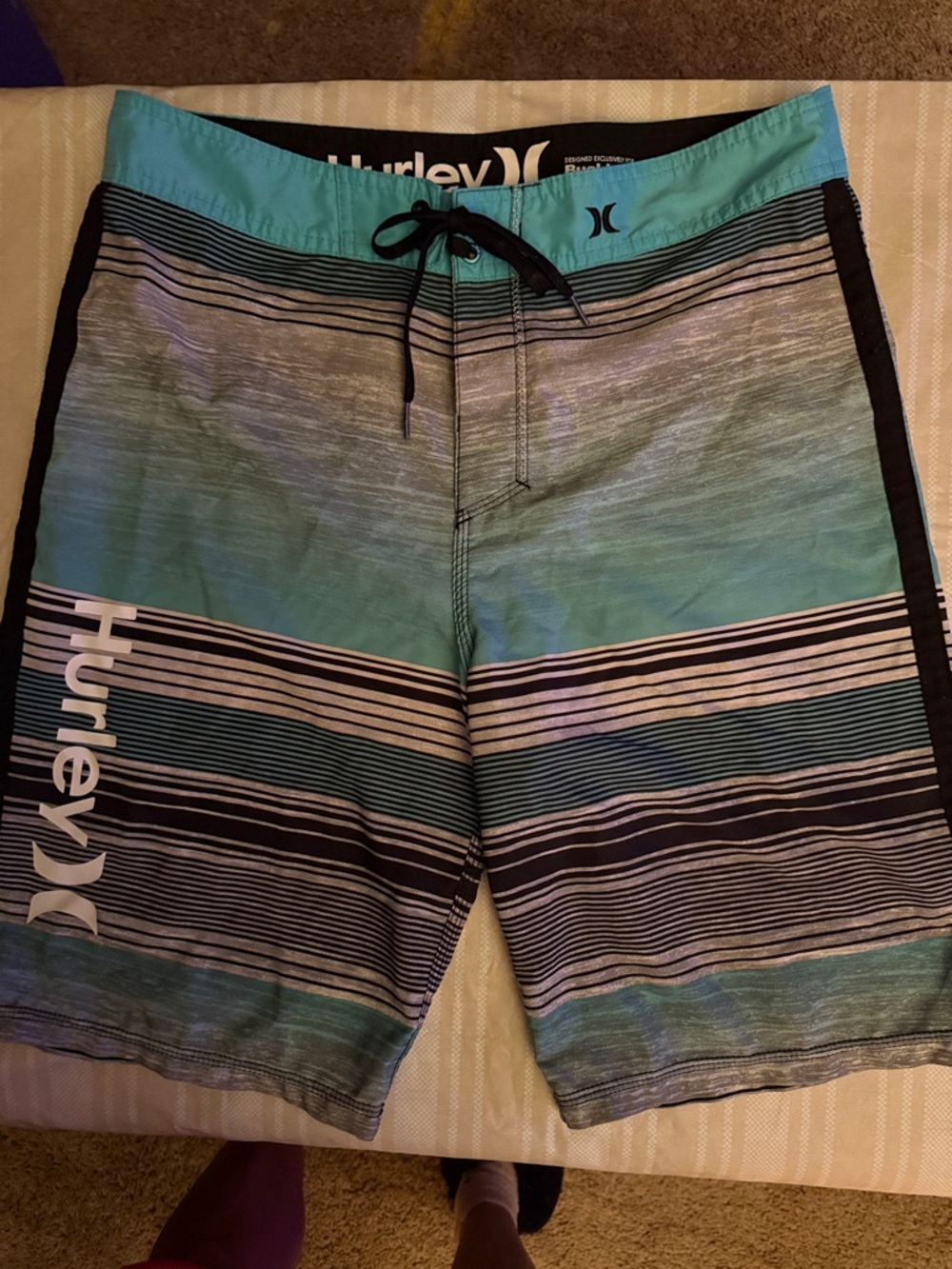 Hurley Teal and Black Striped Men’s Board Shorts